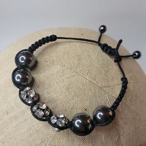 Hematite Beaded Macramé Bracelet with Clear Crystal Accents